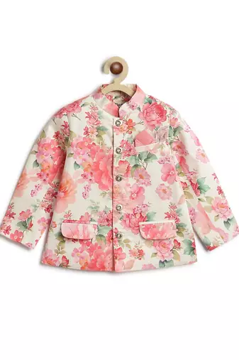 Cream floral printed viscose bandhgala set