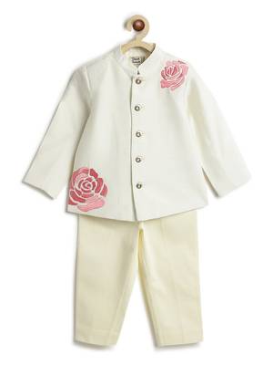 Cream floral printed viscose bandhgala set 2