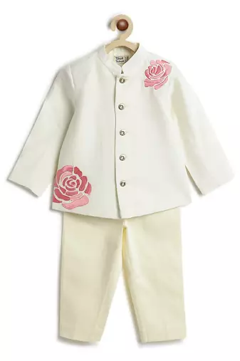 Cream floral printed viscose bandhgala set