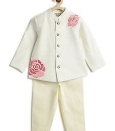 Cream floral printed viscose bandhgala set