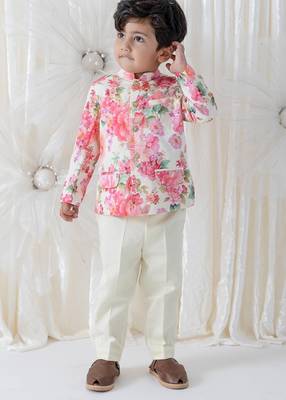 Cream floral printed viscose bandhgala set 5