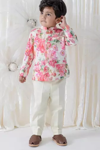 Cream floral printed viscose bandhgala set