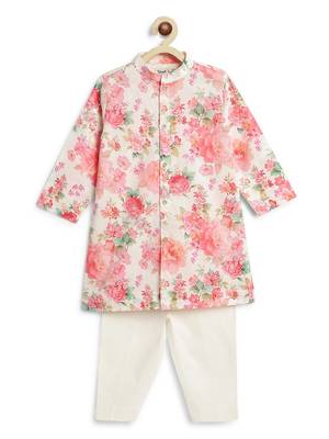 Cream floral printed cotton kurta set 2