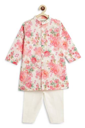 Cream floral printed cotton kurta set