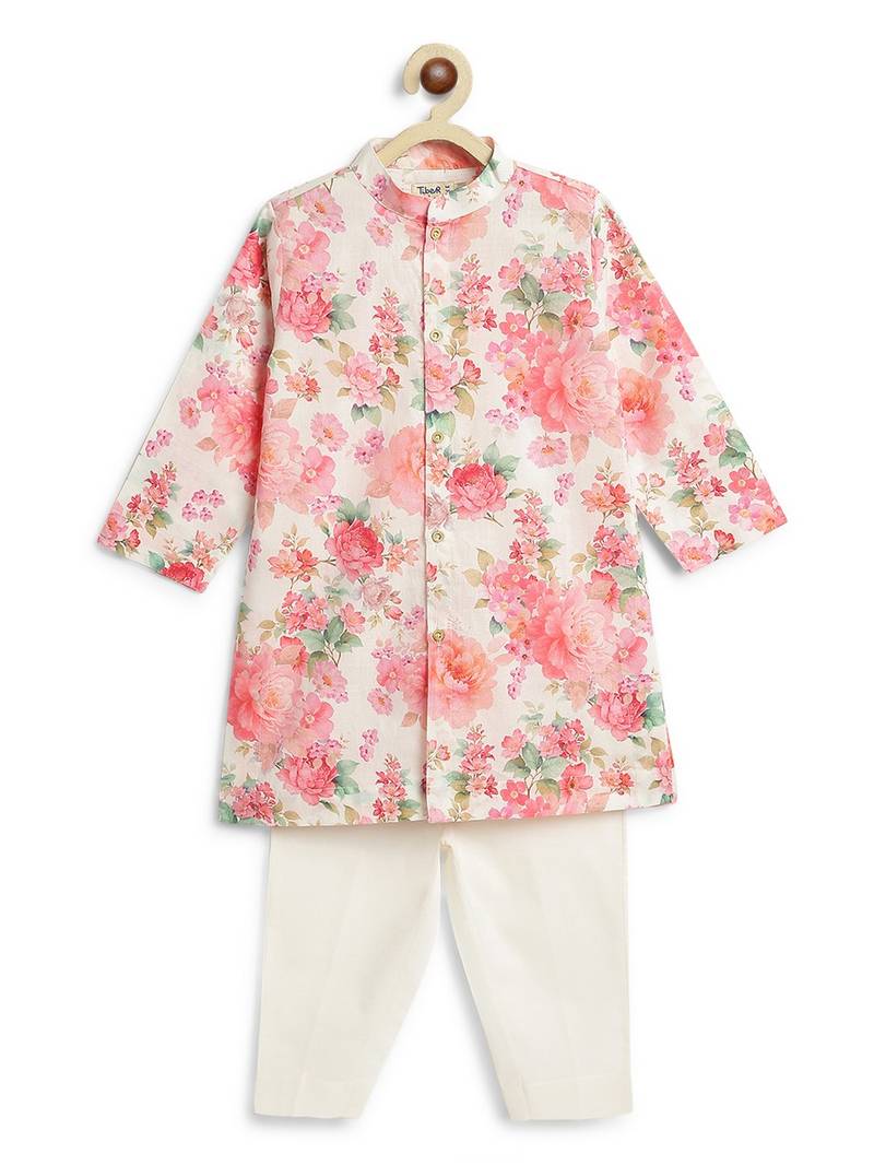 Cream floral printed cotton kurta set
