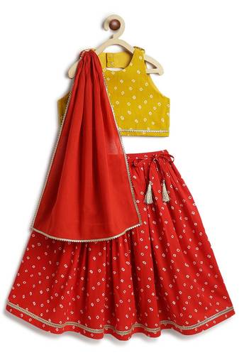 Yellow  & red floral printed cotton lehenga  set