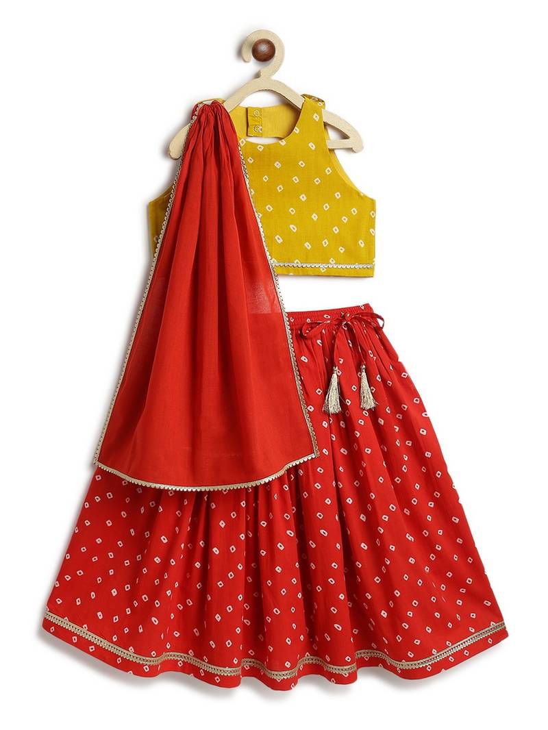 Yellow  & red floral printed cotton lehenga  set