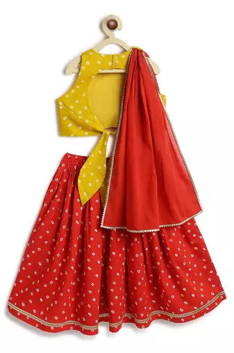 Yellow  & red floral printed cotton lehenga  set