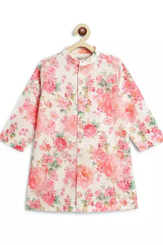 Cream floral printed cotton kurta set