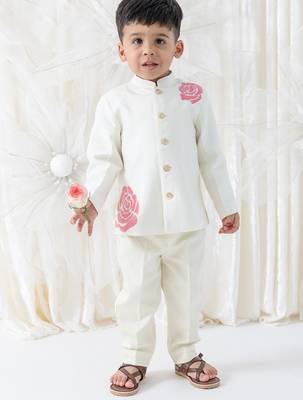 Cream floral printed viscose bandhgala set 1