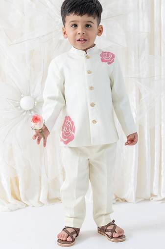 Cream floral printed viscose bandhgala set