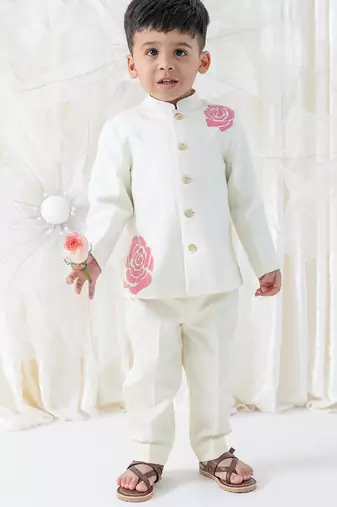 Cream floral printed viscose bandhgala set