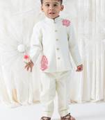 Cream floral printed viscose bandhgala set