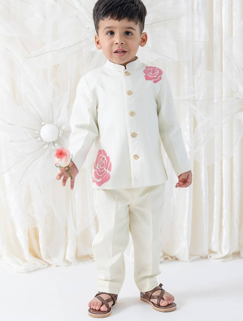 Cream floral printed viscose bandhgala set
