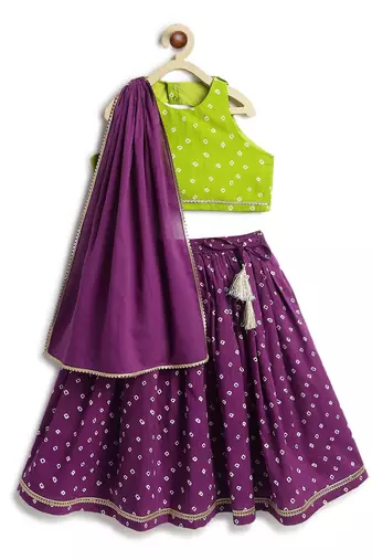 Green & purple floral printed cotton lehenga set
