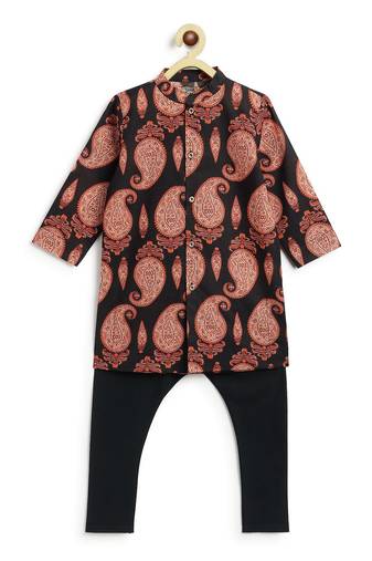 Black floral printed cotton kurta set