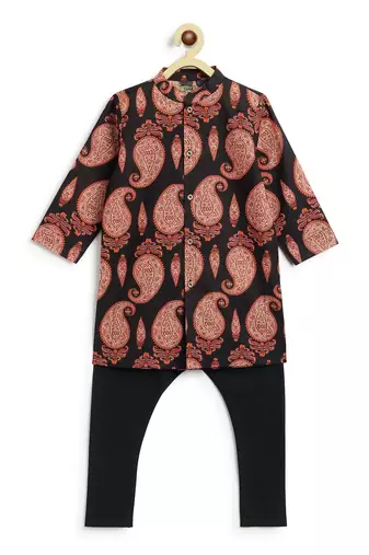 Black floral printed cotton kurta set