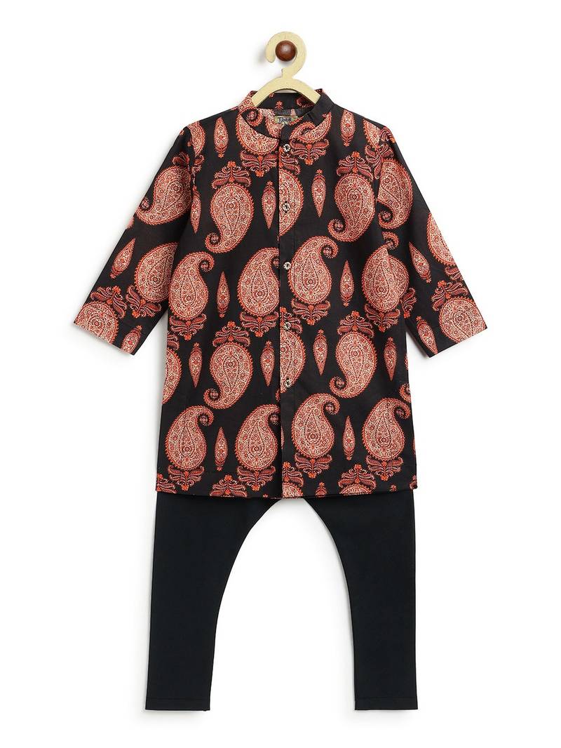 Black floral printed cotton kurta set