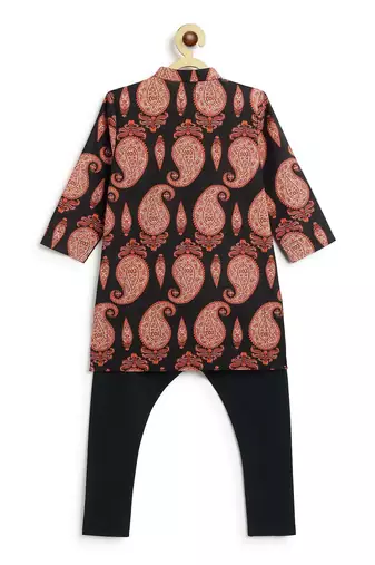 Black floral printed cotton kurta set