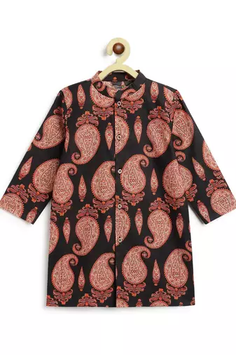 Black floral printed cotton kurta set