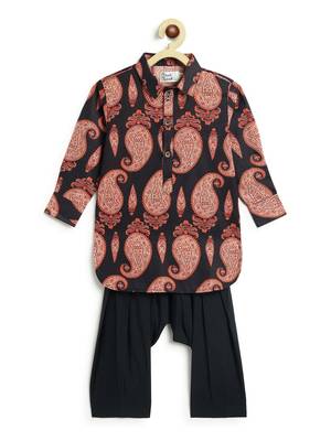 Black floral printed cotton kurta set 1