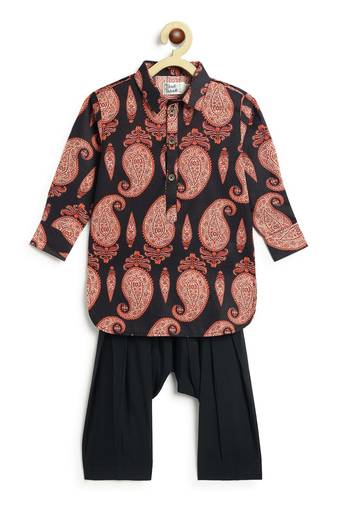Black floral printed cotton kurta set