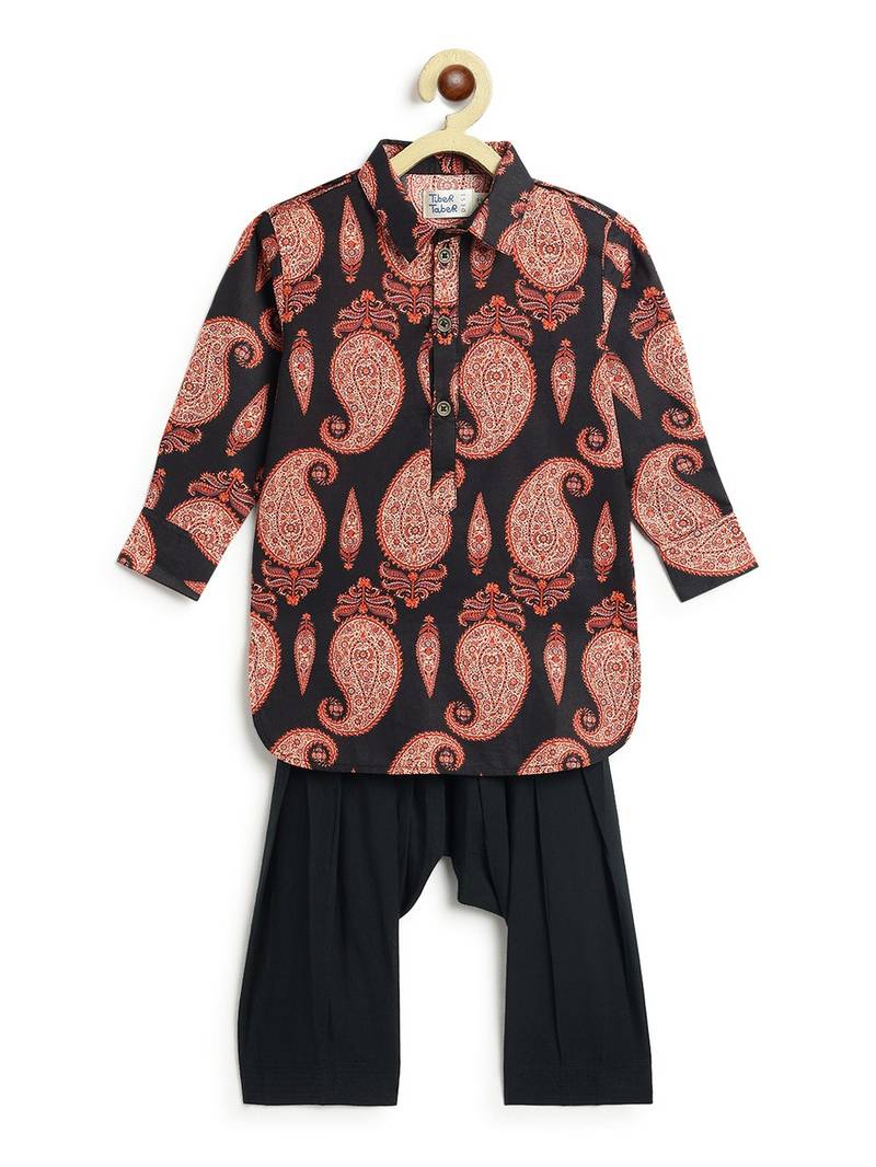 Black floral printed cotton kurta set