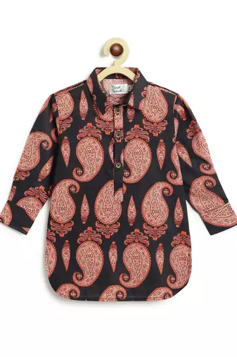 Black floral printed cotton kurta set