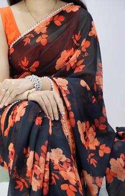 Black color floral printed with pearl moti lace weightless saree with unstitched blouse 2