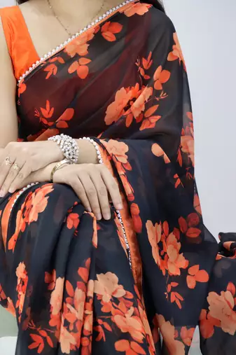 Black color floral printed with pearl moti lace weightless saree with unstitched blouse