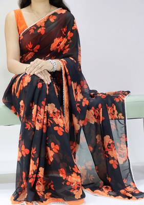 Black color floral printed with pearl moti lace weightless saree with unstitched blouse 1