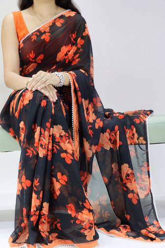 Black color floral printed with pearl moti lace weightless saree with unstitched blouse