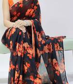 Black color floral printed with pearl moti lace weightless saree with unstitched blouse