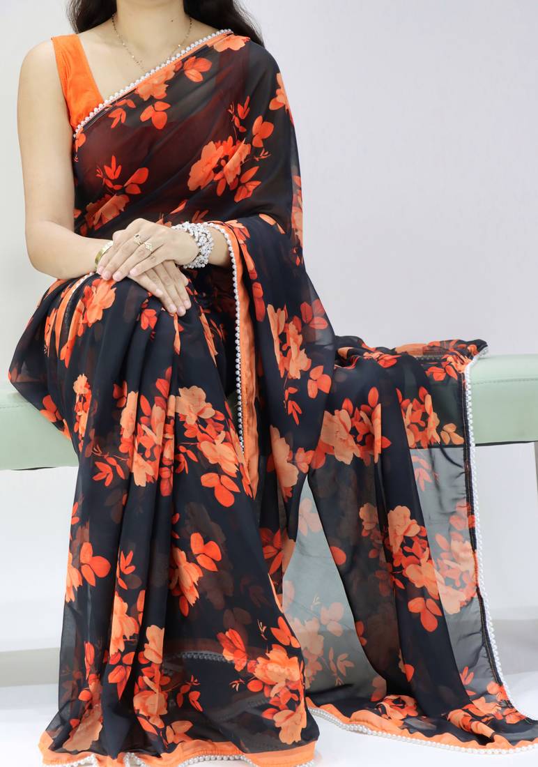 Black color floral printed with pearl moti lace weightless saree with unstitched blouse
