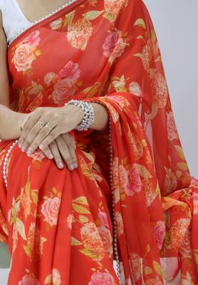 Orange color floral printed with pearl moti lace weightless saree with unstitched blouse 2