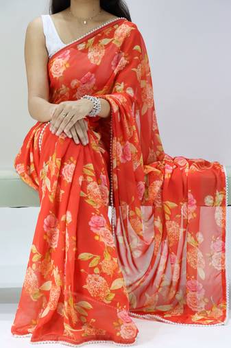 Orange color floral printed with pearl moti lace weightless saree with unstitched blouse