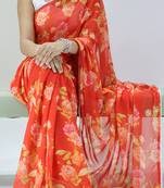 Orange color floral printed with pearl moti lace weightless saree with unstitched blouse