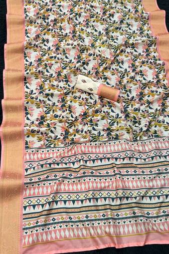 Multicolor printed with weaving border  soft dola silk saree with unstitched blouse