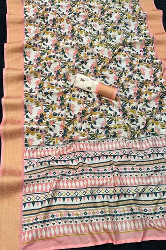 Multicolor printed with weaving border  soft dola silk saree with unstitched blouse