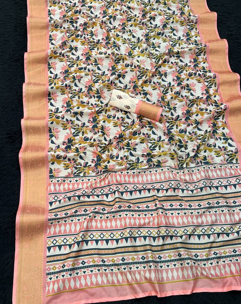 Multicolor printed with weaving border  soft dola silk saree with unstitched blouse