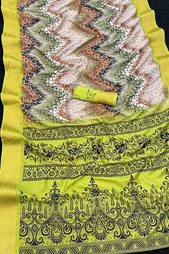 Parrot color printed with weaving border  soft dola silk saree with unstitched blouse