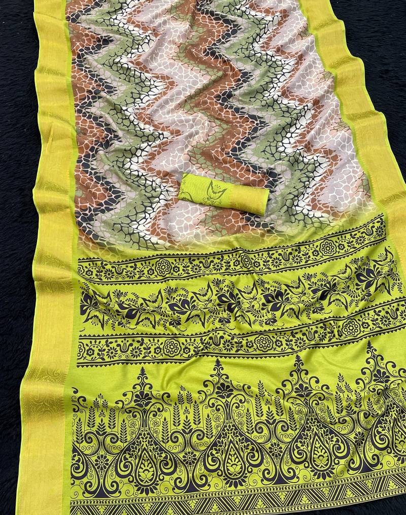 Parrot color printed with weaving border  soft dola silk saree with unstitched blouse