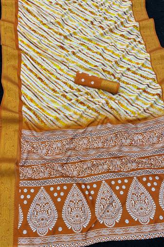 Yellow color printed with weaving border  soft dola silk saree with unstitched blouse