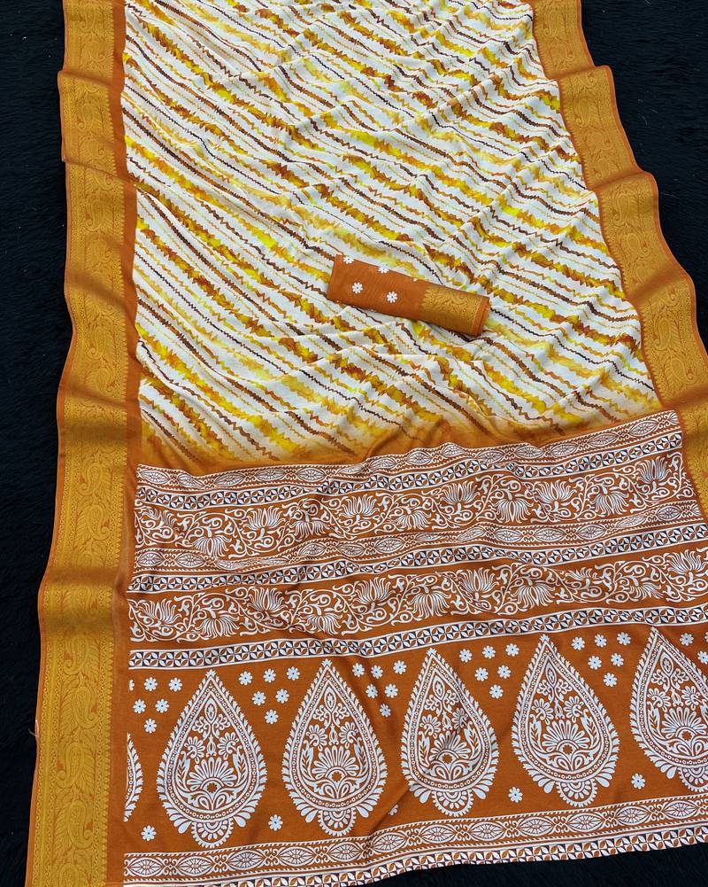 Yellow color printed with weaving border  soft dola silk saree with unstitched blouse