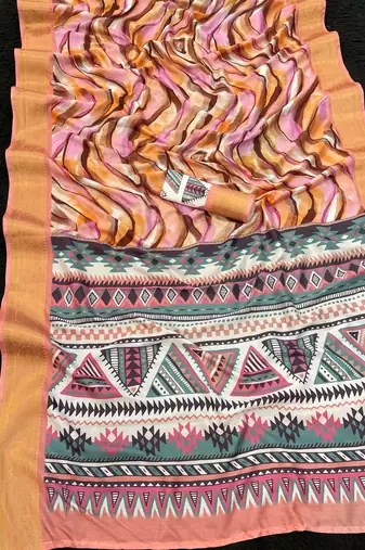 Pink color printed with weaving border  soft dola silk saree with unstitched blouse