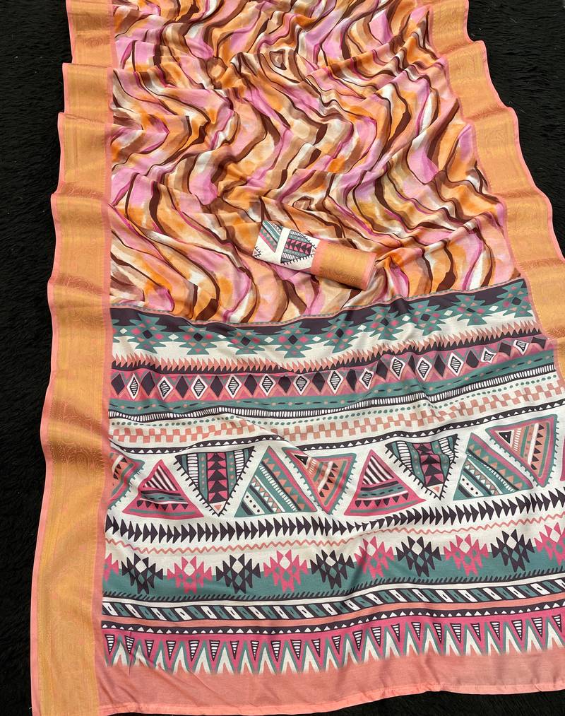 Pink color printed with weaving border  soft dola silk saree with unstitched blouse