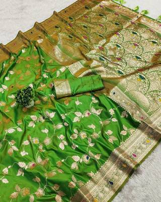 light green zari woven art silk blend saree with blouse 1