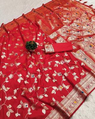red zari woven art silk blend saree with blouse 1