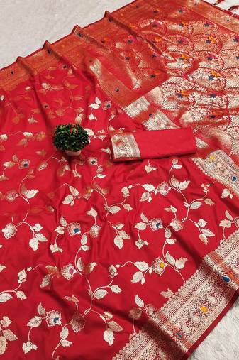 red zari woven art silk saree with blouse