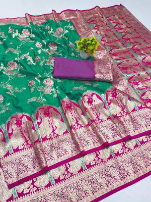 rama green zari woven art silk blend bridal style premium saree with blouse 1